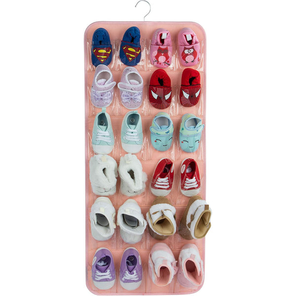 Pink Hanging Felt Shoe Organizer with 24 Clear Pockets - Anti-Rust Metal Hanger Included, Perfect for Shoes, Toys, and Accessories