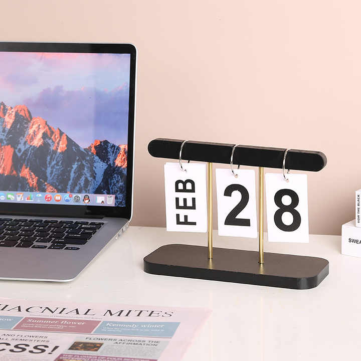 Black Modern Minimalist Wooden Flip Calendar - Stylish Desktop Calendar for Home, Office, and Study Room