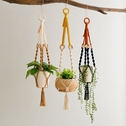 3 pcs Handwoven Plant Hanger-Cotton Rope Hanging Planter with Wooden Rings