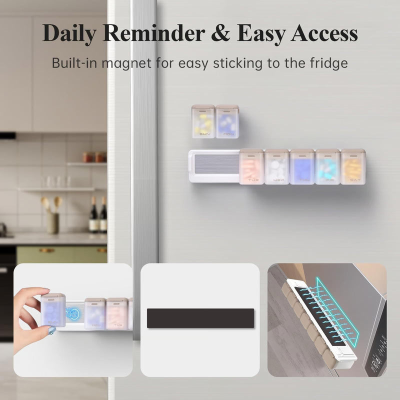Transparent + Grey Cover Weekly Pill Organizer 1-Time-a-Day - Large Capacity Magnetic Closure Pill Box (246 x 49 x 23 mm)