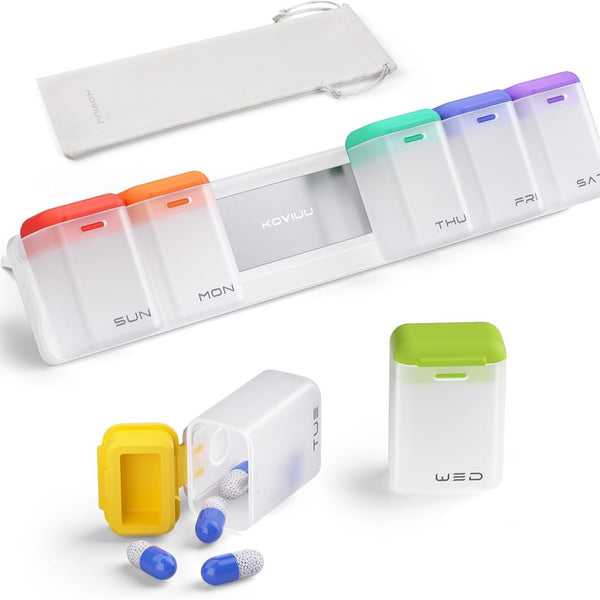 Transparent + Multicolor Cover Weekly Pill Organizer 1-Time-a-Day - Large Capacity Magnetic Closure Pill Box (246 x 49 x 23 mm)
