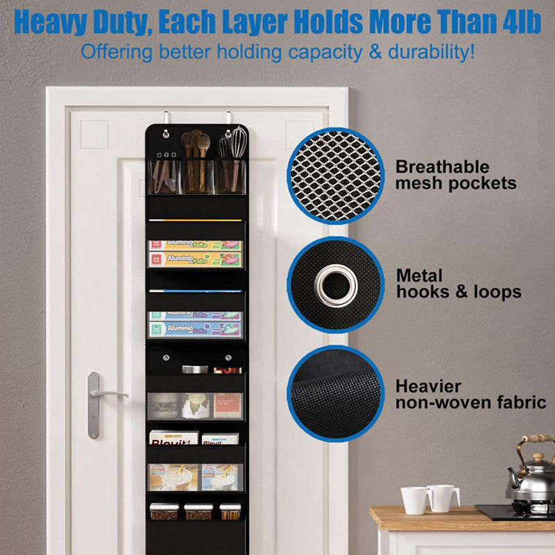 Black Heavy Duty 5-Tier Over-The-Door Hanging Organizer - Space-Saving Storage with Clear Windows & Mesh Pockets