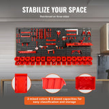VEVOR Wall Mounted Storage Bins, 30-Bin Parts Rack Organizer Garage Plastic Shop Tool with Wall Panels/Tool Holders/Hooks, Tool Organizer for Nuts, Bolts, Screws, Nails, Beads, Buttons, Black and Red
