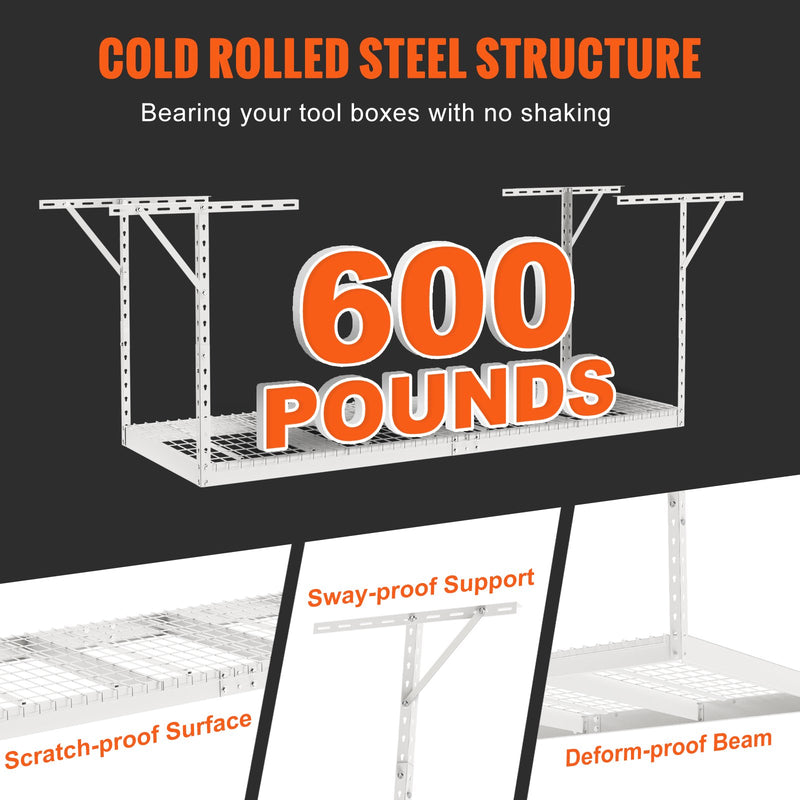 VEVOR Overhead Garage Storage Rack, 91.44x243.84cm Garage Ceiling Storage Racks, Heavy Duty Adjustable Cold Rolled Steel Racks for Garage Storage, Organization, 272.16kg Load Capacity, 22''-40", White