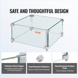 Gas Fire Pit Wind Guard for Square Fire Table, 380 x 380 x 180 mm Clear Tempered Wind Guard for Firepits, 8mm Thick Square Glass Shield, Glass Panel with Hard Corner Bracket & Feet