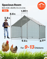 Metal Chicken Coop, 9.8x6.5x6.5ft Large Walk-in Chicken Runs with Cover, Spire Roof Hen House Enclosure with Security Lock, Outdoor Duck Rabbit Cage Poultry Pen for Backyard, Farm, Yard