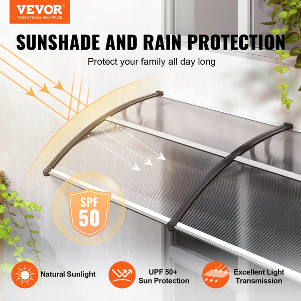 VEVOR Window Door Awning Canopy, 965 x 2975mm Door Canopy Exterior, UF50+ PC Sunshade Sheet Awnings, Outdoor Patio Awning Sun Shade, Transparent, Waterproof, for Sun Shutter, UV, Rain, Snow Protection