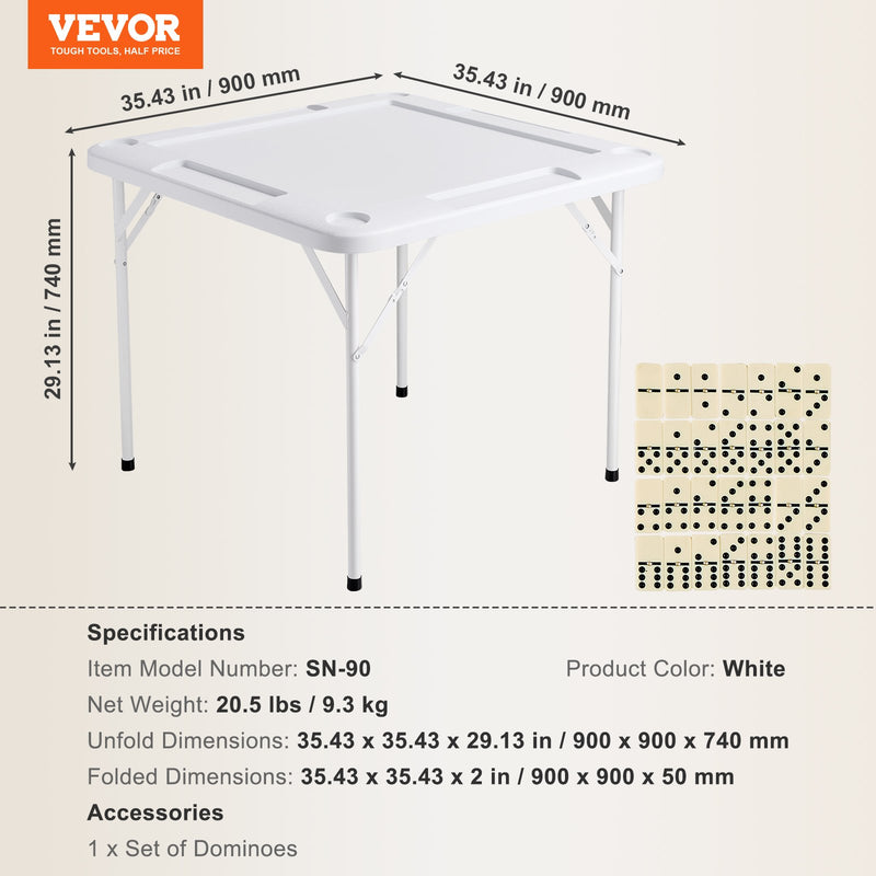 VEVOR Mahjong Table, Square 4 Player Folding Card Table with 4 Cup Holders & 4 Chip Trays, Portable Domino Game Table with 1 Set of Dominoes for Mahjong Poker Puzzles, 90 x 90-inch, White