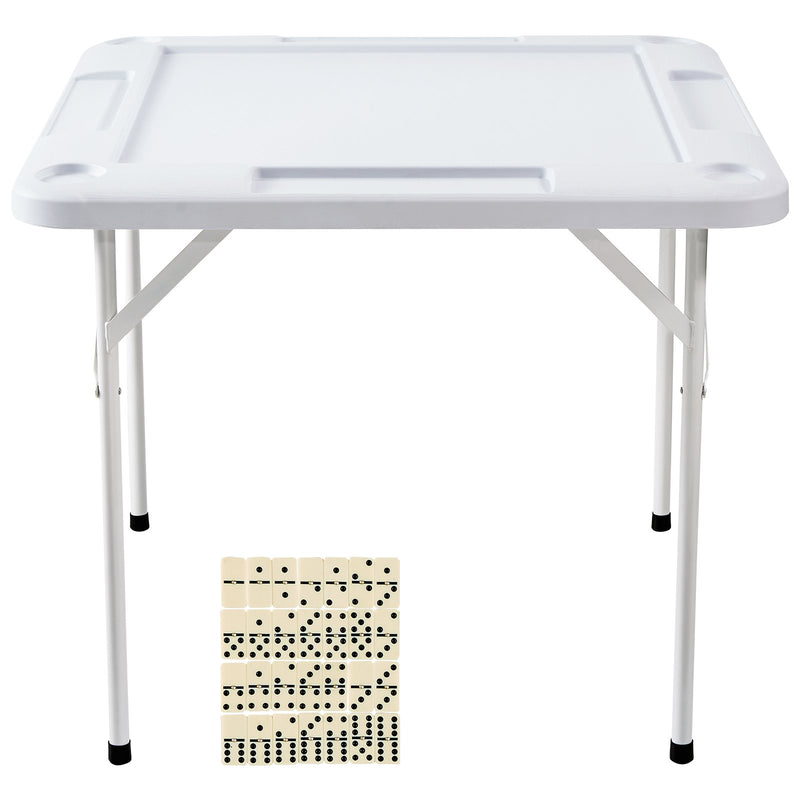 VEVOR Mahjong Table, Square 4 Player Folding Card Table with 4 Cup Holders & 4 Chip Trays, Portable Domino Game Table with 1 Set of Dominoes for Mahjong Poker Puzzles, 90 x 90-inch, White
