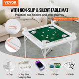 Mahjong Table, 4 Player Folding Domino Table with Wear-Resistant Green Tabletop, Portable Square Card Table with 4 Cup Holders & 4 Chip Trays for Mahjong Poker Puzzles, 90 x90-inch