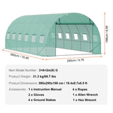 Walk-in Tunnel Greenhouse with Galvanized Steel Frame, PE Cover, Roll-up Zipper Door and 12 Windows | 19.4x9.7x6.5 ft