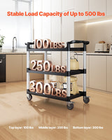 Heavy Duty Utility Cart 500 lbs Capacity 3-tier Service Cart with Wheels