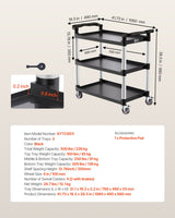 Heavy Duty Utility Cart 500 lbs Capacity 3-tier Service Cart with Wheels