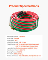 Oxygen Acetylene Hose 1/4-Inch x 50FT T Grade Hose 300PSI Max Working Pressure