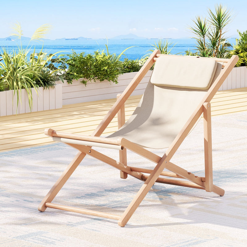 Outdoor Deck Chair | Wooden Sun Lounge | Folding Beach Patio Furniture | Gardeon | Beige