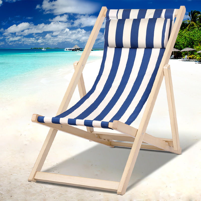 Outdoor Deck Chair | Wooden Sun Lounge | Folding Beach Patio Furniture | Gardeon | Blue