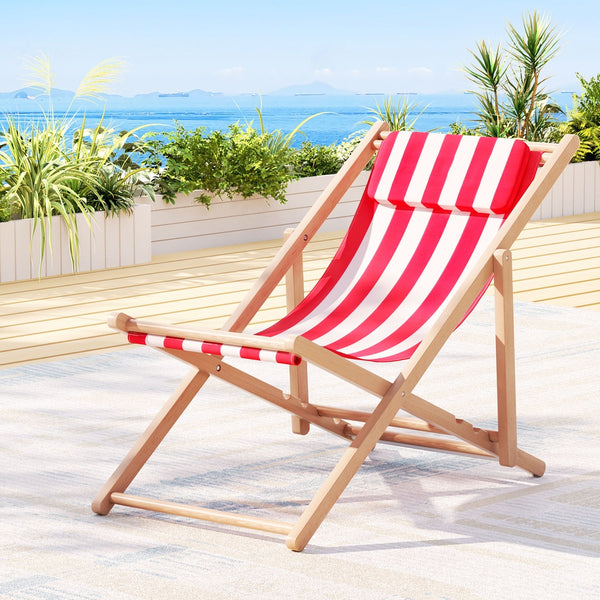 Outdoor Deck Chair | Wooden Sun Lounge | Folding Beach Patio Furniture | Gardeon | Red