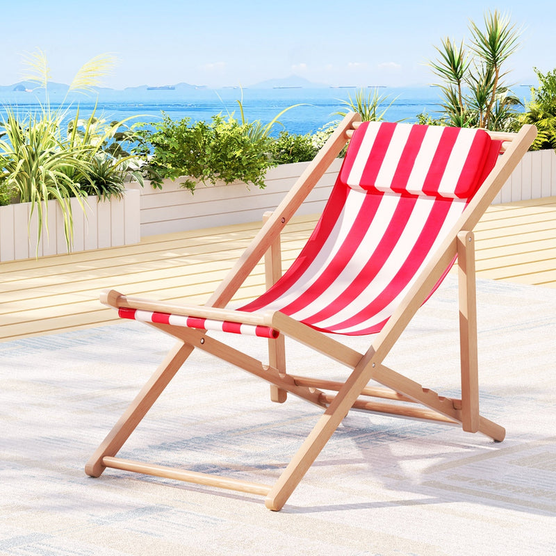Outdoor Deck Chair | Wooden Sun Lounge | Folding Beach Patio Furniture | Gardeon | Red