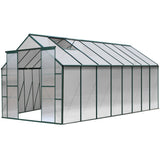 Aluminium framed greenhouse with polycarbonate panels, featuring a double door and a sloped roof.