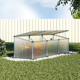 Low profile silver aluminium cold frame greenhouse with twin-wall polycarbonate sheets on a white background.