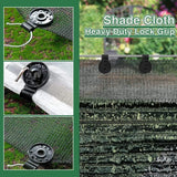 Black plastic shade cloth fix clamps attached to green and white mesh netting with rope line.