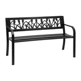 Side view of black steel 2 seater garden bench with curved armrests