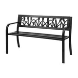 Black steel 2 seater garden bench with tulip pattern backrest and slatted seat