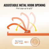 Close-up of adjustable steel hook on cant hook tool gripping log