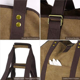 canvas firewood bag with rivets, buckle, weight-relief pad, and patch pocket