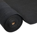 Close up detail of 80gsm 30 percent black mono tape knitted HDPE bulk shade cloth roll showing non fraying lock stitch weave