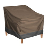 Full view of a coffee black outdoor chair cover with chair legs visible