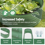 corrugated oval raised garden planter with safety features and gardening gloves