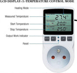 Close-up of LCD screen on heating thermostat showing temperature readings and timing modes
