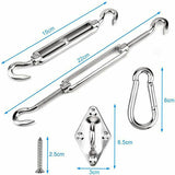Dimensions of stainless steel shade sail fixing kit with brackets and tensioning hardware