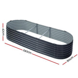Dimensions of Corrugated raised garden bed measuring 240cm x 80cm x 42cm in aluminium grey