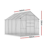 Dimensions of a 2.4m x 2.5m polycarbonate outdoor greenhouse with a heavy-duty aluminium frame
