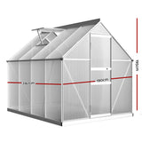 Aluminium framed greenhouse with polycarbonate panels, measuring 242cm in length, 190cm in width, and 195cm in height.