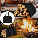 A flat lay view of the open log basket for fireplace use showing its wide 98cm x 46cm canvas footprint before loading.