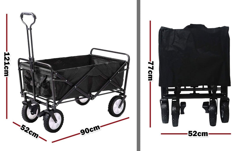  - Foldable Collapsible Wagon Cart Garden Beach Outdoor Shopping Trolley Camping Brake - Black - Garden Yard