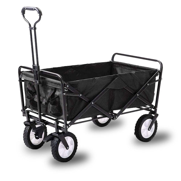  - Foldable Collapsible Wagon Cart Garden Beach Outdoor Shopping Trolley Camping Brake - Black - Garden Yard