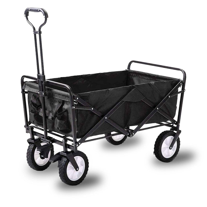  - Foldable Collapsible Wagon Cart Garden Beach Outdoor Shopping Trolley Camping Brake - Black - Garden Yard