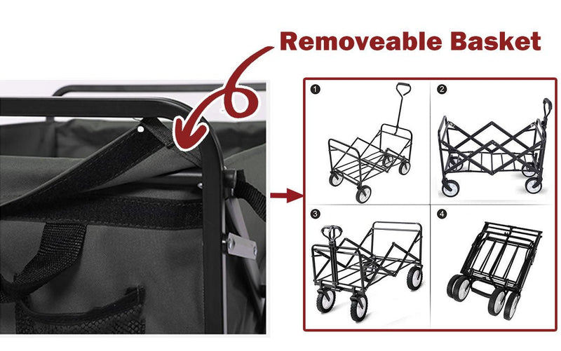  - Foldable Collapsible Wagon Cart Garden Beach Outdoor Shopping Trolley Camping Brake - Black - Garden Yard