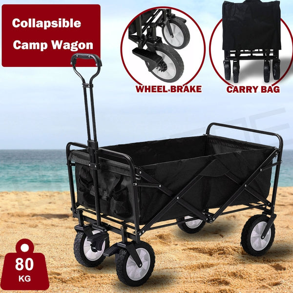  - Foldable Collapsible Wagon Cart Garden Beach Outdoor Shopping Trolley Camping Brake - Black - Garden Yard