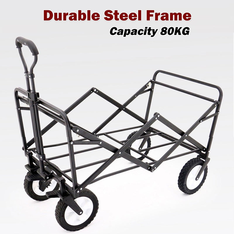  - Foldable Collapsible Wagon Cart Garden Beach Outdoor Shopping Trolley Camping Brake - Black - Garden Yard