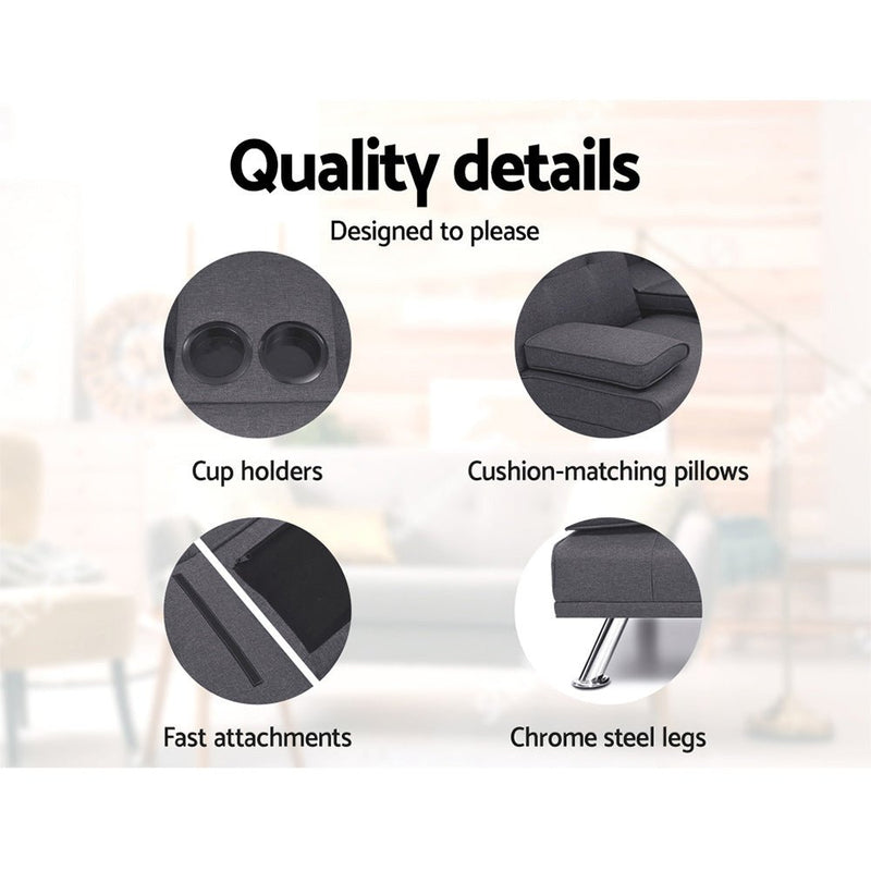 Furniture > Bar Stools & Chairs > Arm Chairs & Recliners - Artiss Sofa Bed 175CM Dark Grey Fabric - Garden Yard