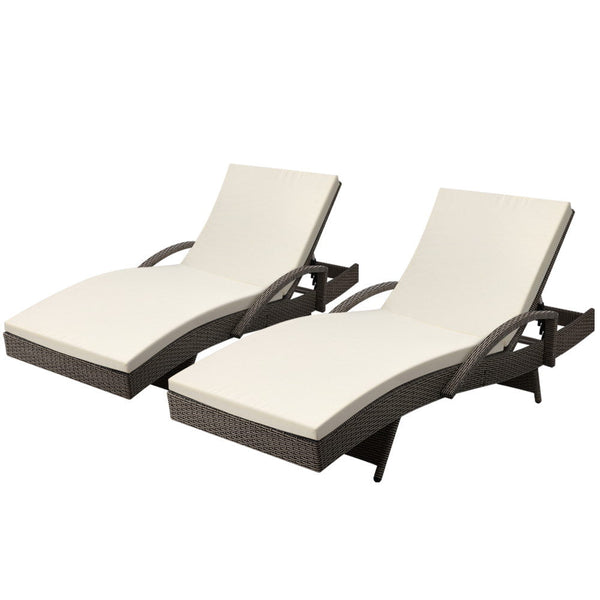 Furniture > Bar Stools & Chairs > Arm Chairs & Recliners - Gardeon 2PC Sun Lounge Wicker Lounger Outdoor Furniture Beach Chair Adjustable Cushion Grey&Beige - Garden Yard