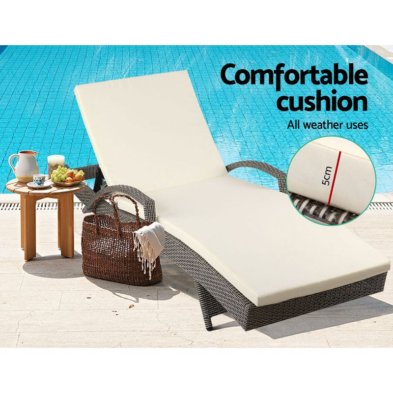 Furniture > Bar Stools & Chairs > Arm Chairs & Recliners - Gardeon 2PC Sun Lounge Wicker Lounger Outdoor Furniture Beach Chair Adjustable Cushion Grey&Beige - Garden Yard