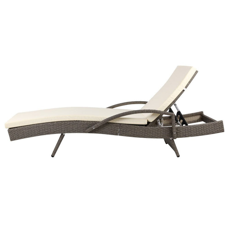 Furniture > Bar Stools & Chairs > Arm Chairs & Recliners - Gardeon 2PC Sun Lounge Wicker Lounger Outdoor Furniture Beach Chair Adjustable Cushion Grey&Beige - Garden Yard