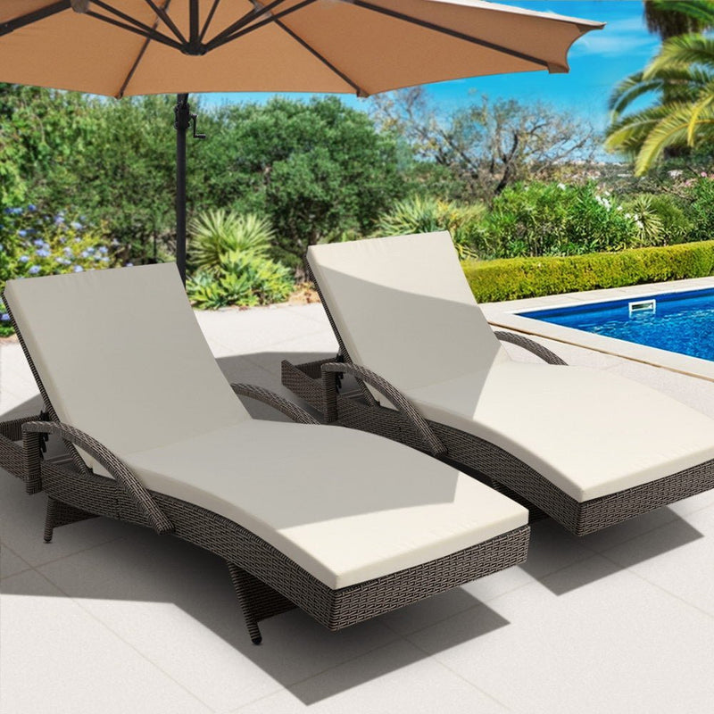 Furniture > Bar Stools & Chairs > Arm Chairs & Recliners - Gardeon 2PC Sun Lounge Wicker Lounger Outdoor Furniture Beach Chair Adjustable Cushion Grey&Beige - Garden Yard