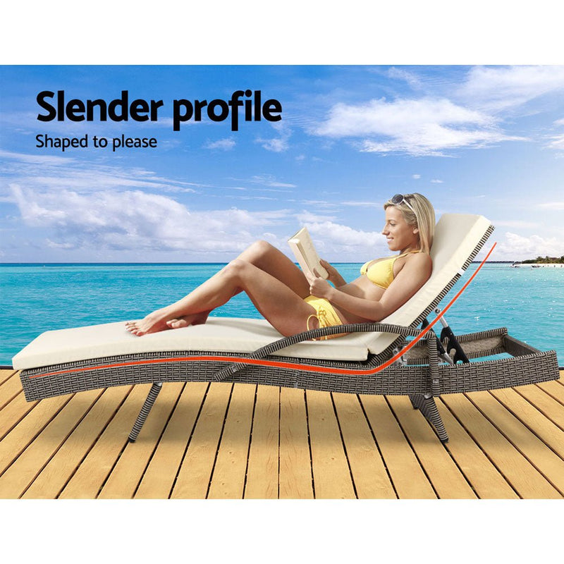 Furniture > Bar Stools & Chairs > Arm Chairs & Recliners - Gardeon 2PC Sun Lounge Wicker Lounger Outdoor Furniture Beach Chair Adjustable Cushion Grey&Beige - Garden Yard